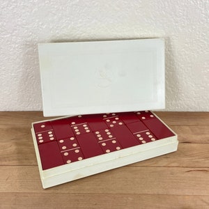 Cardinal Complete Double Six Red and White Plastic Dominoes in Ivory Plastic Case