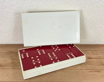 Cardinal Complete Double Six Red and White Plastic Dominoes in Ivory Plastic Case