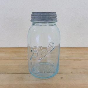 Antique One Quart Pale Blue Glass 1920&#39;s Ball Perfect Mason Canning Jar with Milk Glass Lined Zinc Lid and Rounded Shoulder
