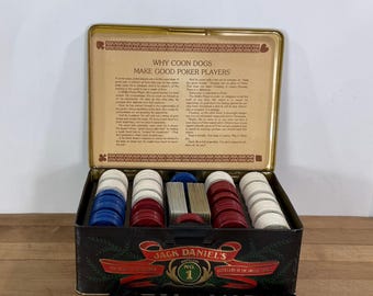 Metal Jack Daniel's  Old No 7 Poker Tin with Poker Chips, Opened Playing Cards, and Garter, Used Poker Set