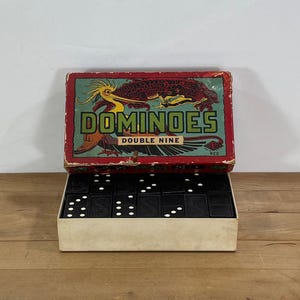 Wood Dominoes, Halsam Products Co. 920 Dragons Double Nine Dominoes Set in Box (No Instructions)
