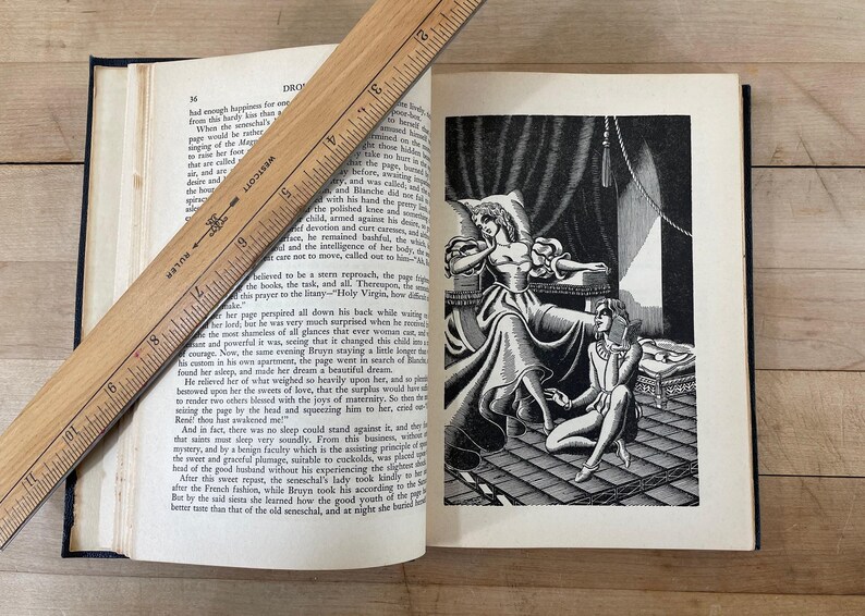 May include: An open book with text and a black and white illustration of two figures in a room. A wooden ruler rests across the pages. The book has a dark blue cover.