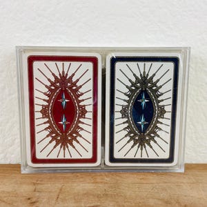 Playing Cards by B.P. Grimaud France, Double Deck of Sealed Playing Cards in Clear Plastic Case; Red and Blue Identical Design