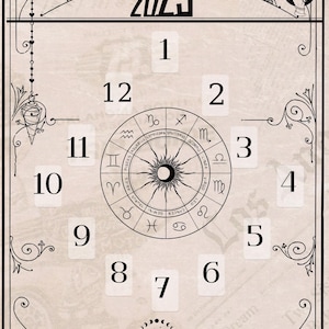May include: Beige 2025 goals planner with a circular zodiac chart in the center.  Twelve numbered sections surround the chart, providing space for planning.  Ornate, black decorative borders frame the planner. The year 2025 is prominently displayed at the top.  The overall aesthetic is vintage and mystical.