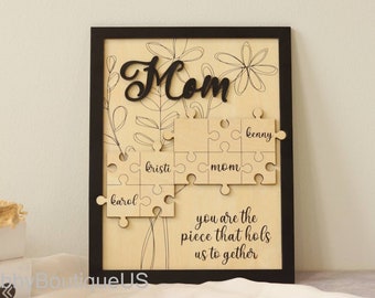 Mom Puzzle Pieces Sign, Mothers Day Signs, Custom Wood Puzzle, Family Name, Mothers Day Sign, Personalized Puzzle, Unique Mum Gift