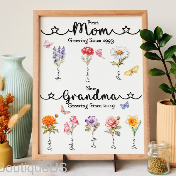 Custom Birth Month Flowers, First Mom Now Grandma Sign, Personalized Grandma's Garden Sign,Gift For Mom, Gift For Grandma, Mothers Day Frame