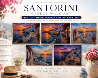 Santorini Greece Wall Art Set of 5 – Mediterranean Printable Posters, Greek Island Digital Paintings,