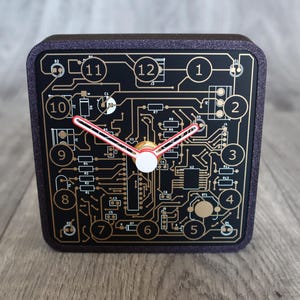 PCB desk Clock. 10.5cm (4.13&quot;) freestanding clock with a printed circuit board face. 3D printed frame. Available in multiple colours.