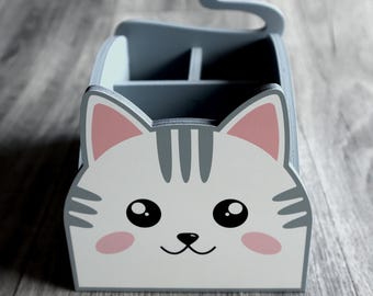 Cat desk tidy, pen, pencil organiser, wooden, grey, white - fully assembled - 6mm maple plywood - made in Cornwall