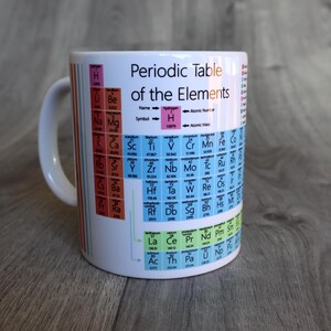 May include: White ceramic mug with a colourful periodic table of the elements printed on it. The mug has a handle and the text "Periodic Table of the Elements" is printed in black at the top.