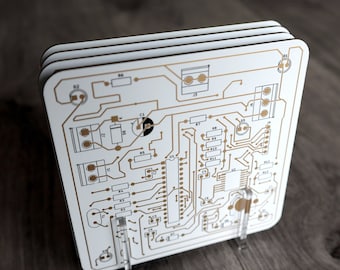 PCB coasters (set of 4 with display stand) - White circuit board - gold coated traces.