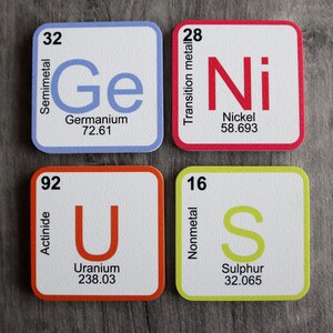 May include: Four square coasters featuring periodic table elements: Ge (Germanium), Ni (Nickel), U (Uranium), and S (Sulphur). Each coaster displays the atomic number, element symbol, name, category, and atomic weight in a clean, white design.