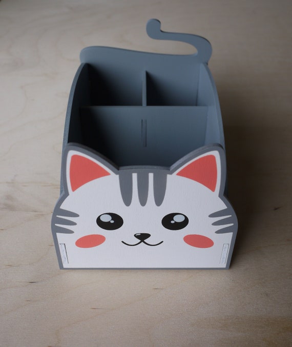 Cat Desk Organiser / Tidy Wooden Grey / White Hand Etsy