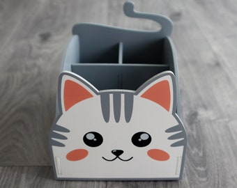 Cat desk tidy, pen, pencil organiser, wooden, grey, white - hand painted - fully assembled - 3mm birch plywood - made in Cornwall