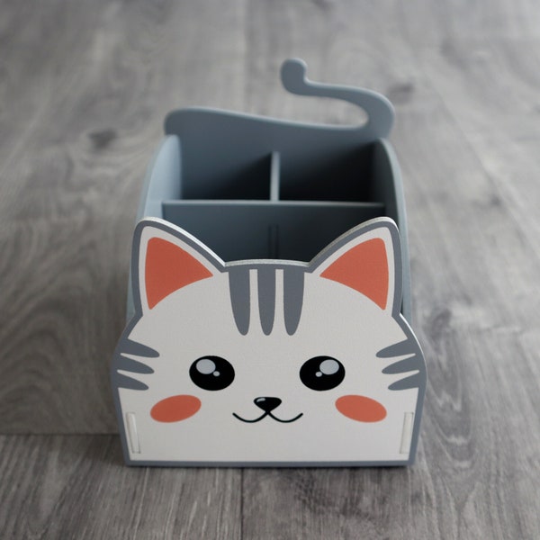 Cat desk tidy, pen, pencil organiser, wooden, grey, white - hand painted - fully assembled - 3mm birch plywood - made in Cornwall