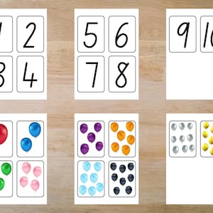 Cartes flash avec nombres, thème ballon 1-10, couleurs et quantités de cartes assorties, cartes flash pour apprendre à compter, activité de comptage pour les enfants d'âge préscolaire, 1-10