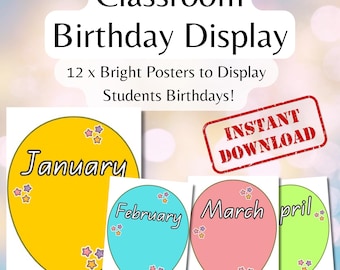 誕生日教室用ディスプレイバルーン – カラフルな先生手作りの壁飾り – 編集可能なデジタルPDF – 学校の誕生日表、誕生日ポスター