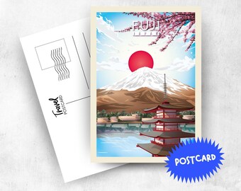 FUJI Postcard – Japan Travel Illustration, A6 Fuji-San Souvenir, Cherry Blossom & Pagoda Art Print - Places Collection