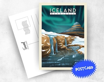 Iceland Postcard – Reykjavik Travel Illustration – Northern Lights Landscape Art - Places Collection