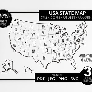 Mapa dos Estados Unidos l Mapa de Vendas dos EUA | EUA para impressão | Estados dos EUA | Colorir l Rastreador de pedidos l Mapa de pedidos Etsy l Donwload digital instantâneo