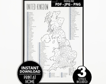 May include: A black and white printable map of the United Kingdom with a checklist of cities and towns. The map includes the text "United Kingdom", "Instant Download", "Print at Home", and "3 Styles Included".