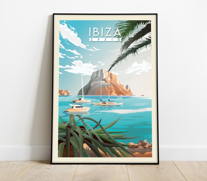 Ibiza Poster, 3 white yacths on the Blue sea, white clouds, palm trees