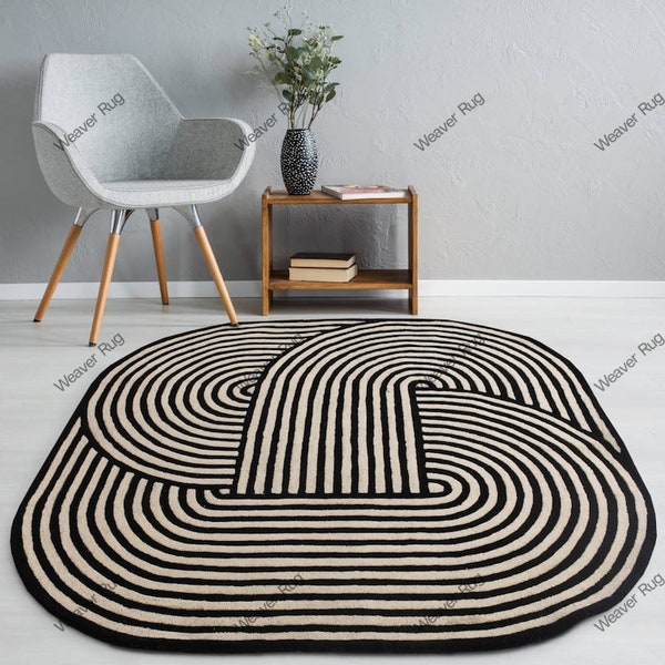 Infinity Rug Black -White Hand Tufted Woo Area Rug | Custom Aesthetic Rug 8x10 9x12 |Hand Made Rug For Living Room, Bedroom, Kids room,Guest