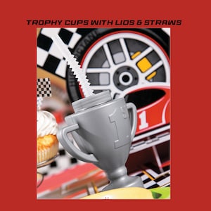 Trophy Cups with Lids & Straws ~ Race Car Birthday Décor ~ Favors ~ Hot Wheel ~ Birthday Cups