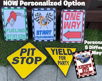 Race Car Party Signs - Set of 5 ~ NOW Personalized Option ~ Cardstock Race Birthday ~ Favors ~ Hot Wheel ~ Birthday Décor