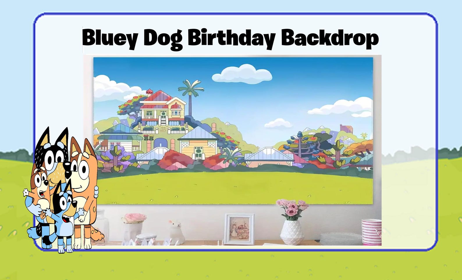 Adorable Bluey Dog Cartoon Birthday Backdrop