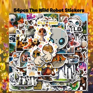 54pcs The Wild Robot Stickers Waterproof ~ Reusable Self-Adhesive Cartoon Animal ~ Wild Robot Stickers ~ Roz The Wild Robot ~ Robot lovers