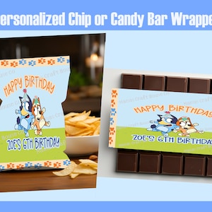 Personalized Chip or Candy Bar Wrappers  ~ Inspired Heeler Bluey Favors ~ Complete package or just the wrappers