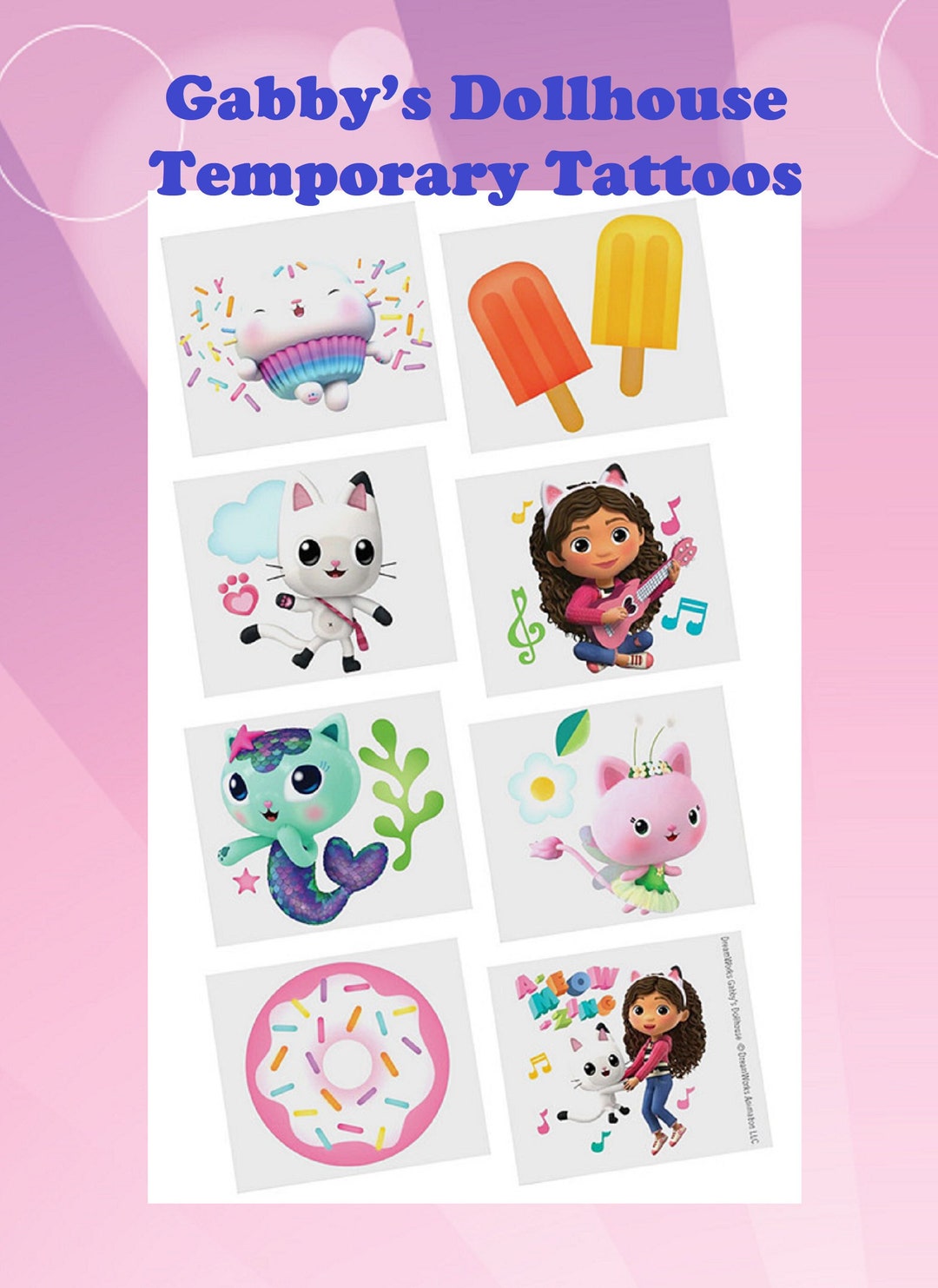 Set of 8 Gabbys Dollhouse Temporary Tattoos Gabbys Dollhouse Favor