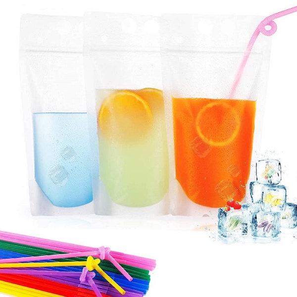 Drink Pouch ~ Stand-Up Drink Pouches Bags ~ Heavy Duty Hand-Held Translucent Heat-Proof Bag with Straws