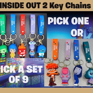 May include: A set of nine Inside Out character keychains. The keychains feature the characters Joy, Sadness, Anger, Disgust, Fear, Bing Bong,  Riley,  and  the  characters  from  the  Inside Out  movie.  The  keychains  are  made  of  soft  silicone  and  are  attached  to  metal  keyrings.  The  keychains  are  available  in  a  variety  of  colors,  including  yellow,  blue,  red,  green,  and  purple.