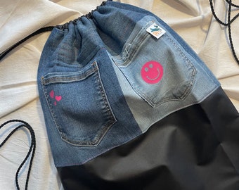 Jeans Turnbeutel | Upcycling Beutel | Einzelstück | Smiley & Herzchen Pink