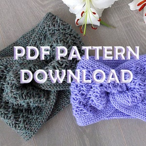 May include: Two knitted headbands, one in a dark green color and one in a light purple color, with the text "PDF PATTERN DOWNLOAD" in white letters on a purple background.