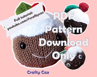 May include: A PDF pattern download for a knitted Christmas pudding ornament. The image shows two finished ornaments with googly eyes and a red and green holly sprig. The text on the image reads "PDF Pattern Download Only" and includes a link to a YouTube tutorial.