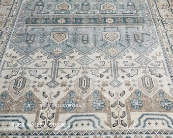 Alfombra PB Nicolette anudada a mano, alfombra de lana para sala de estar, dormitorio, comedor, alfombra Oushak, alfombra hecha a mano, alfombra anudada beige y azul