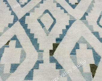 Hand Knotted Geometric Rug,Modern Oushak Rug,  Wool Oushak Rug, Wool Area Rug for Living room, dining area, Pastel Oushak Rug, Handmade Rug