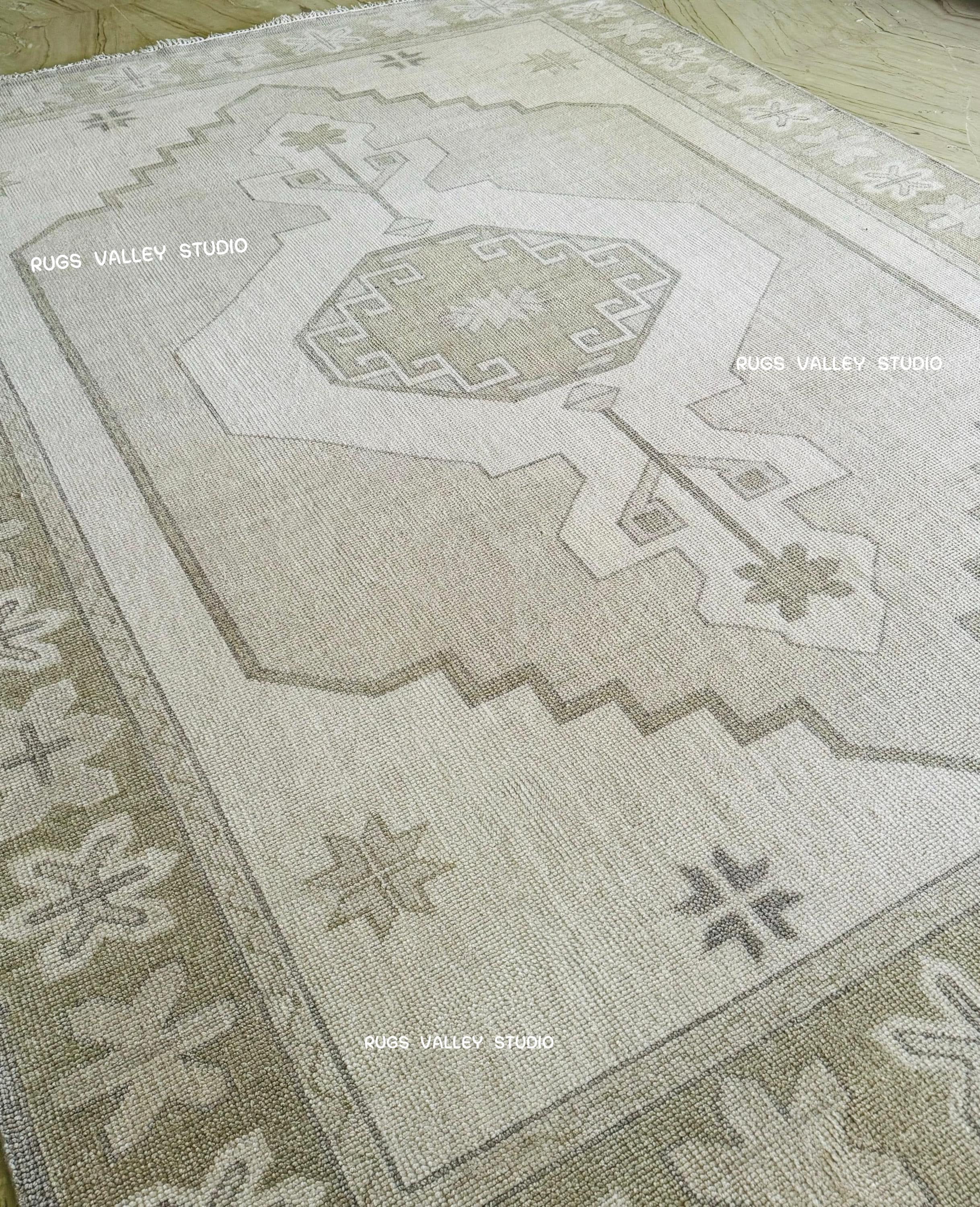 Beige-Green Vintage Look Hand Knotted Area Rug, Hand Knotted Oushak Rug in 8x10, 9x12, 10x14 for bedroom, Living Room, Dining Area