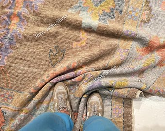 Bruin modern Oushak-tapijt, Turks handgeknoopt Oushak-tapijt, pastelkleurige Oushak-tapijt in 8 x 10, 9 x 12, 10 x 14 voor slaapkamer, woonkamer, eetkamertapijt