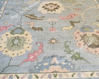Alfombra Oushak azul pastel anudada a mano, alfombra de lana para dormitorio, sala de estar, comedor, alfombra Oushak pastel, alfombra hecha a mano, alfombra de lana turca