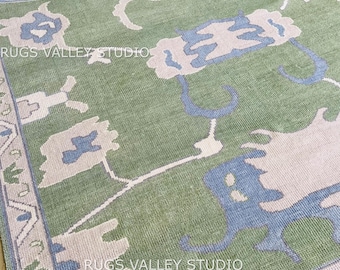 Trending Green Area Rug, Hand-Knotted Modern Oushak Rug, 9x12 8x10 Area Oushak Rug, Turkish Wool Area Rug for Bedroom,Living room,Oushak Rug