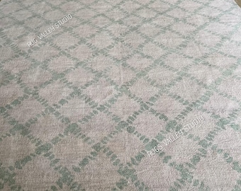 Green Geometric Hand Knotted Area Rug, Handmade Oushak Rug in 8x10, 9x12, 10x14 for bedroom, Living Room, Dining Area, Trellis Area Wool Rug