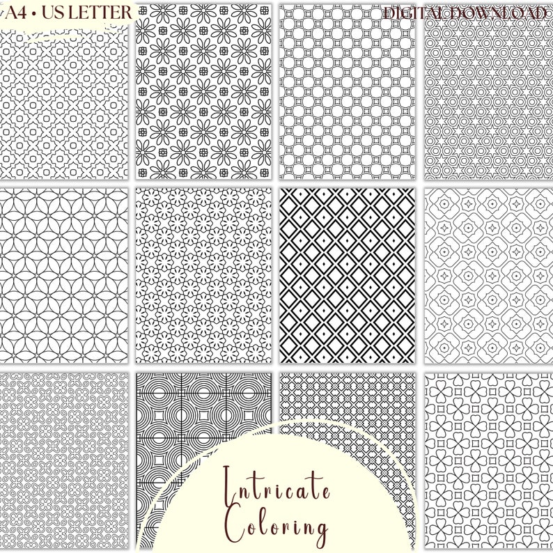 May include: A set of 12 printable coloring pages featuring intricate geometric patterns. Each page is designed in black and white on a white background. The pages are labeled "Intricate Coloring".