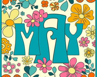 May Coloring Page, Retro Style Month Coloring Page, May Doodle Coloring Page, Floral Coloring Page