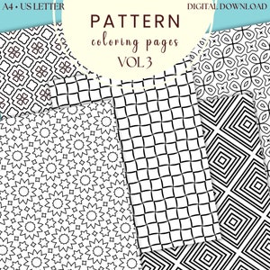 May include: Four black and white printable coloring pages with geometric patterns. The pages are labeled "PATTERN coloring pages VOL 3".