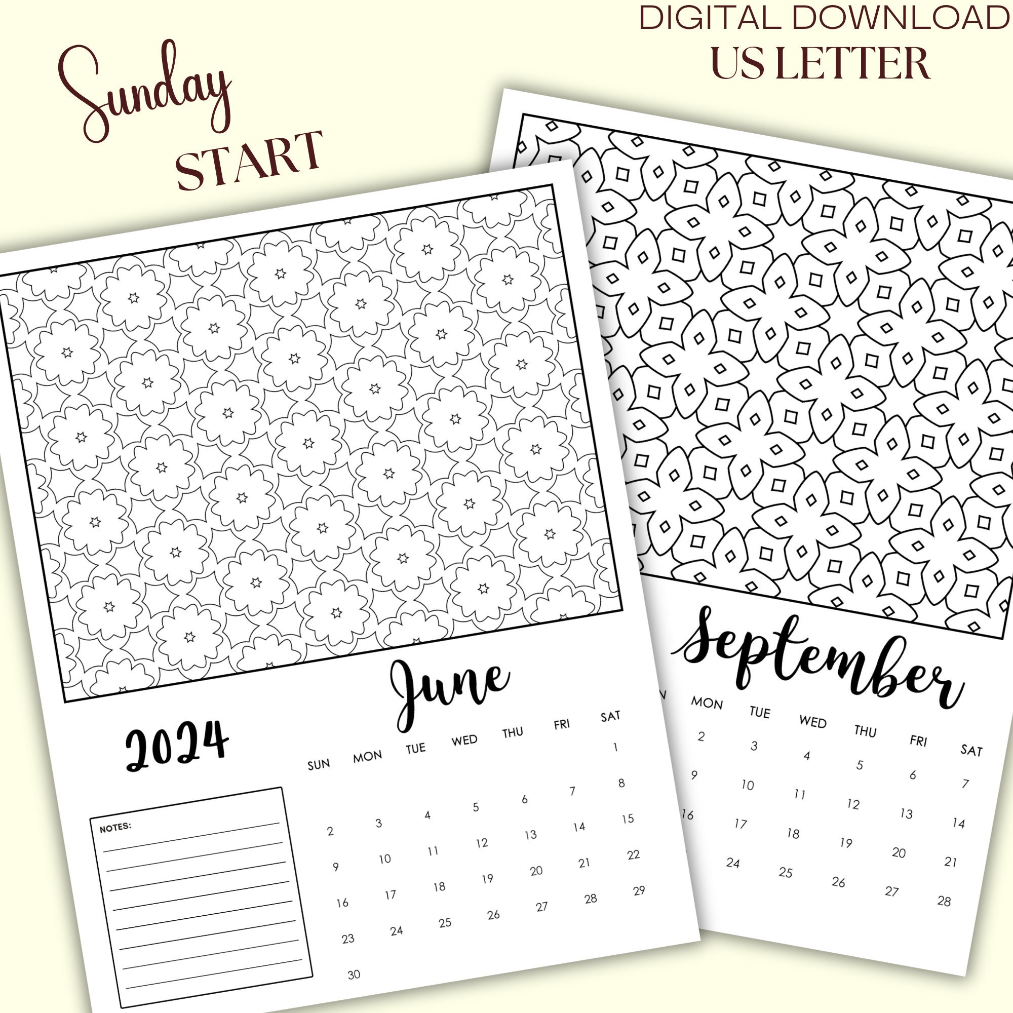 2024 Coloring Calendar, Printable 2024 Calendar Coloring Pages - Etsy