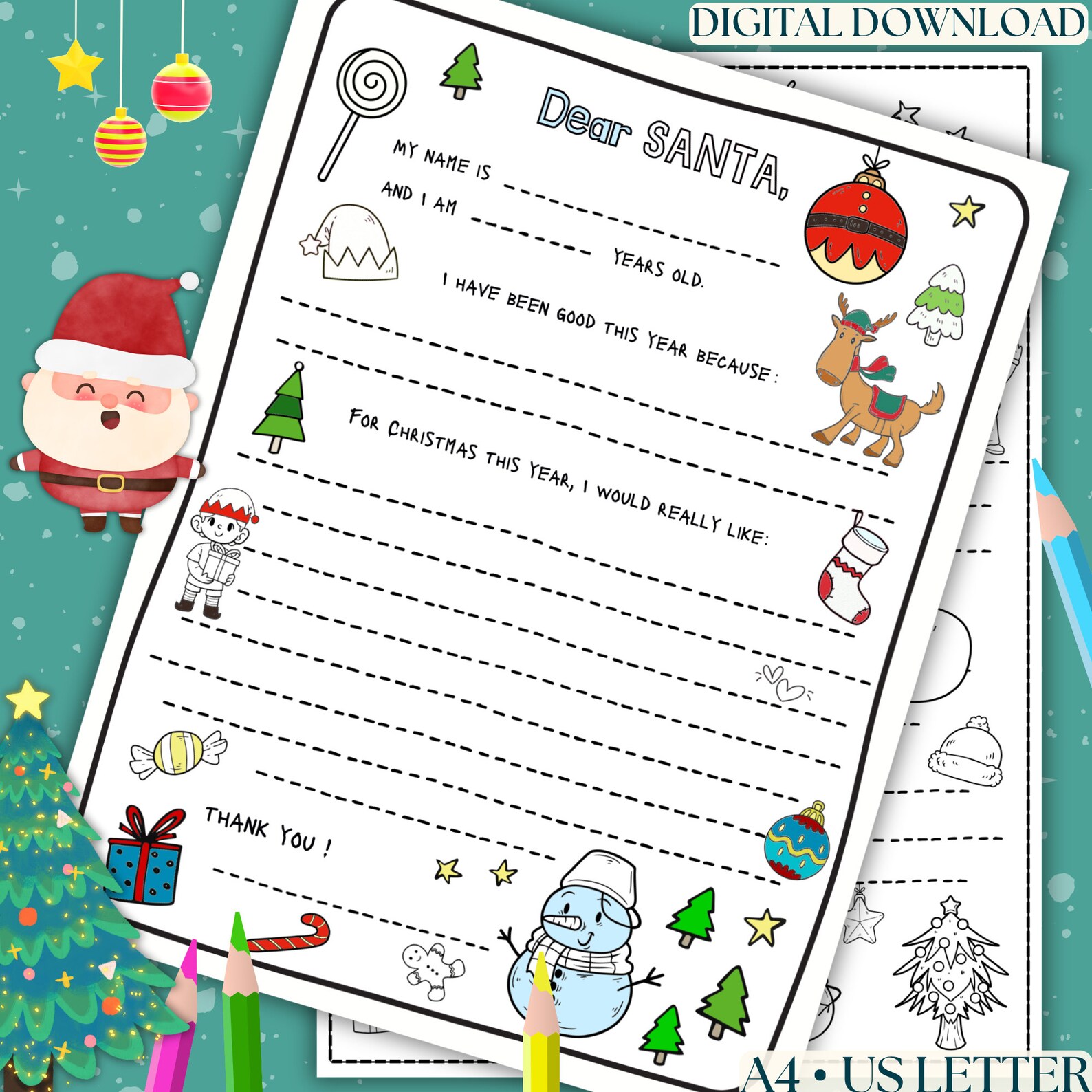 Printable Letter to Santa Coloring Page, Dear Santa Coloring Page, Kids Letter to Santa ...